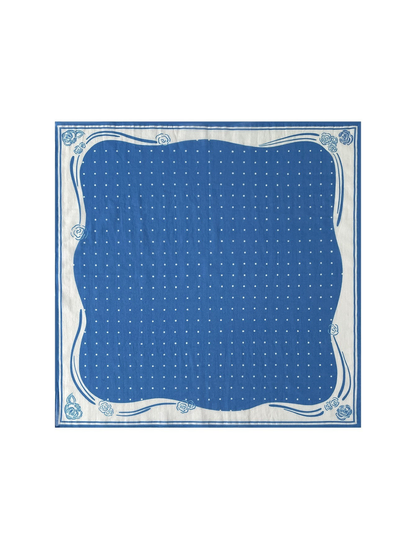 Rose Dots blue square scarf with dotted center and rose border