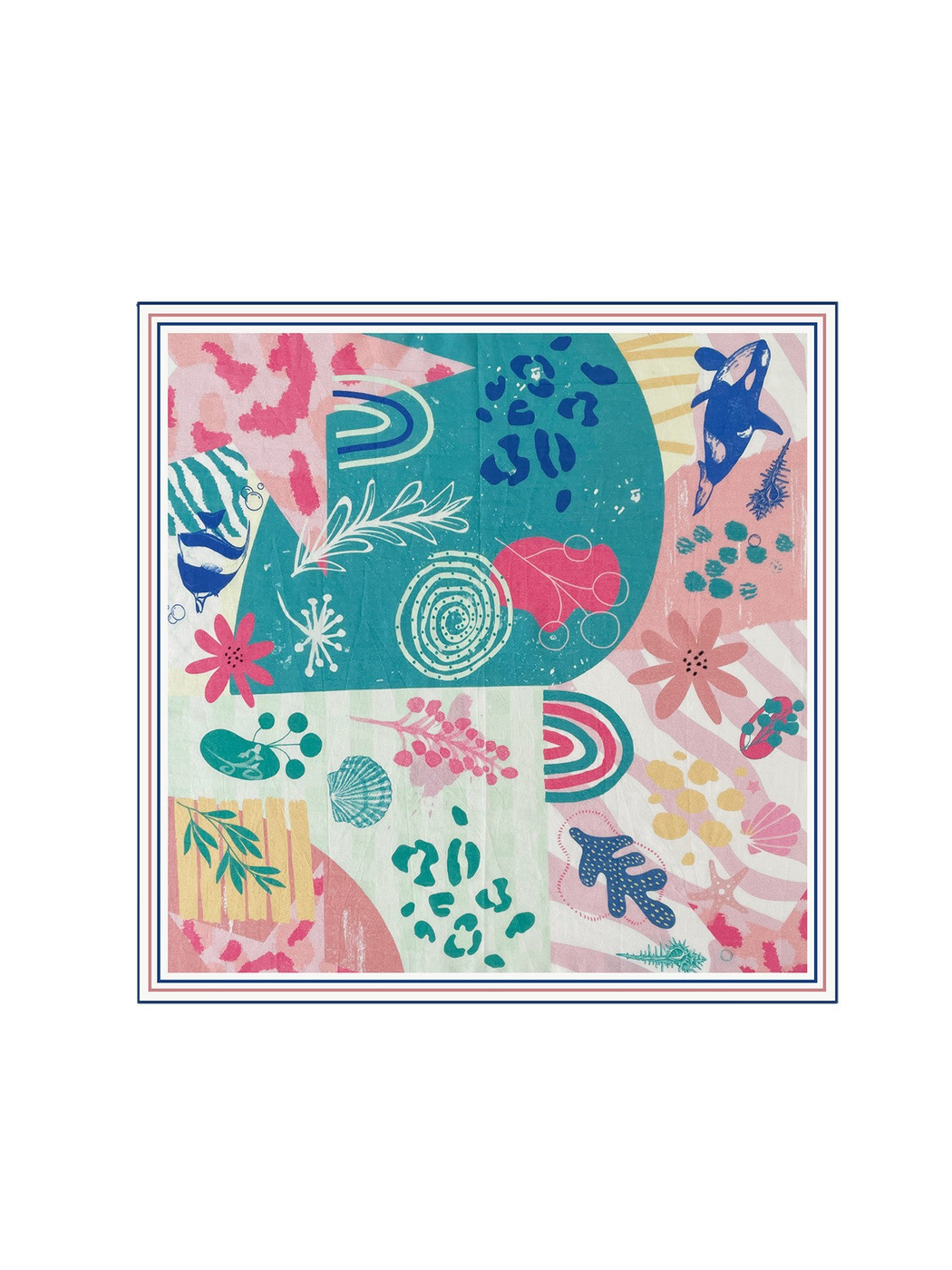Multicolor square scarf with abstract marine, floral and geometric motifs