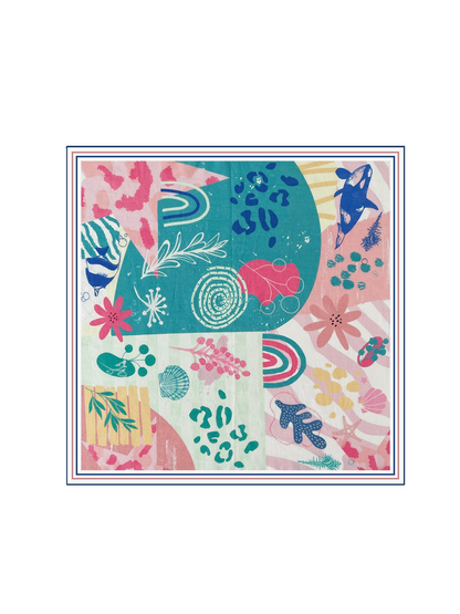 Multicolor square scarf with abstract marine, floral and geometric motifs