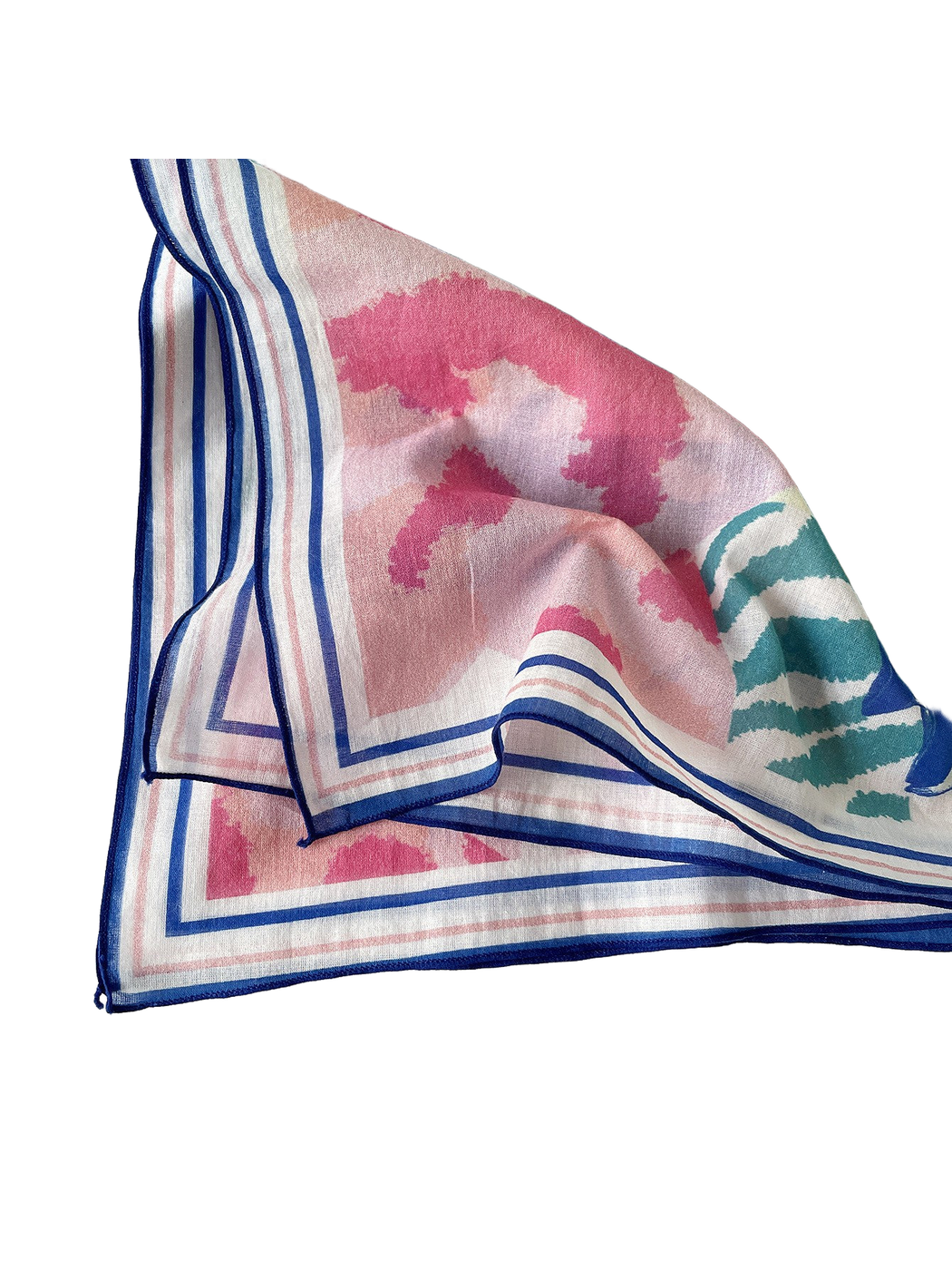 Close-up of the multicolor scarf print and striped finished edge