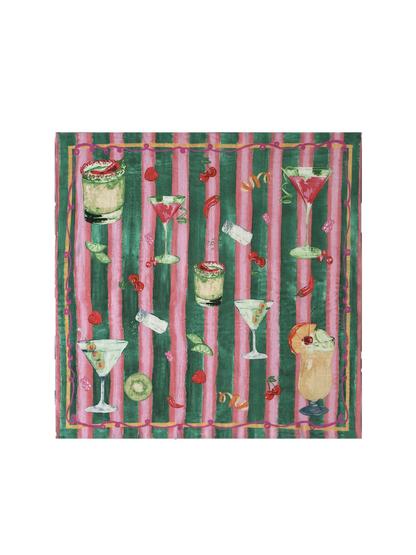 Multicolor square scarf with pink and green stripes and cocktail motifs
