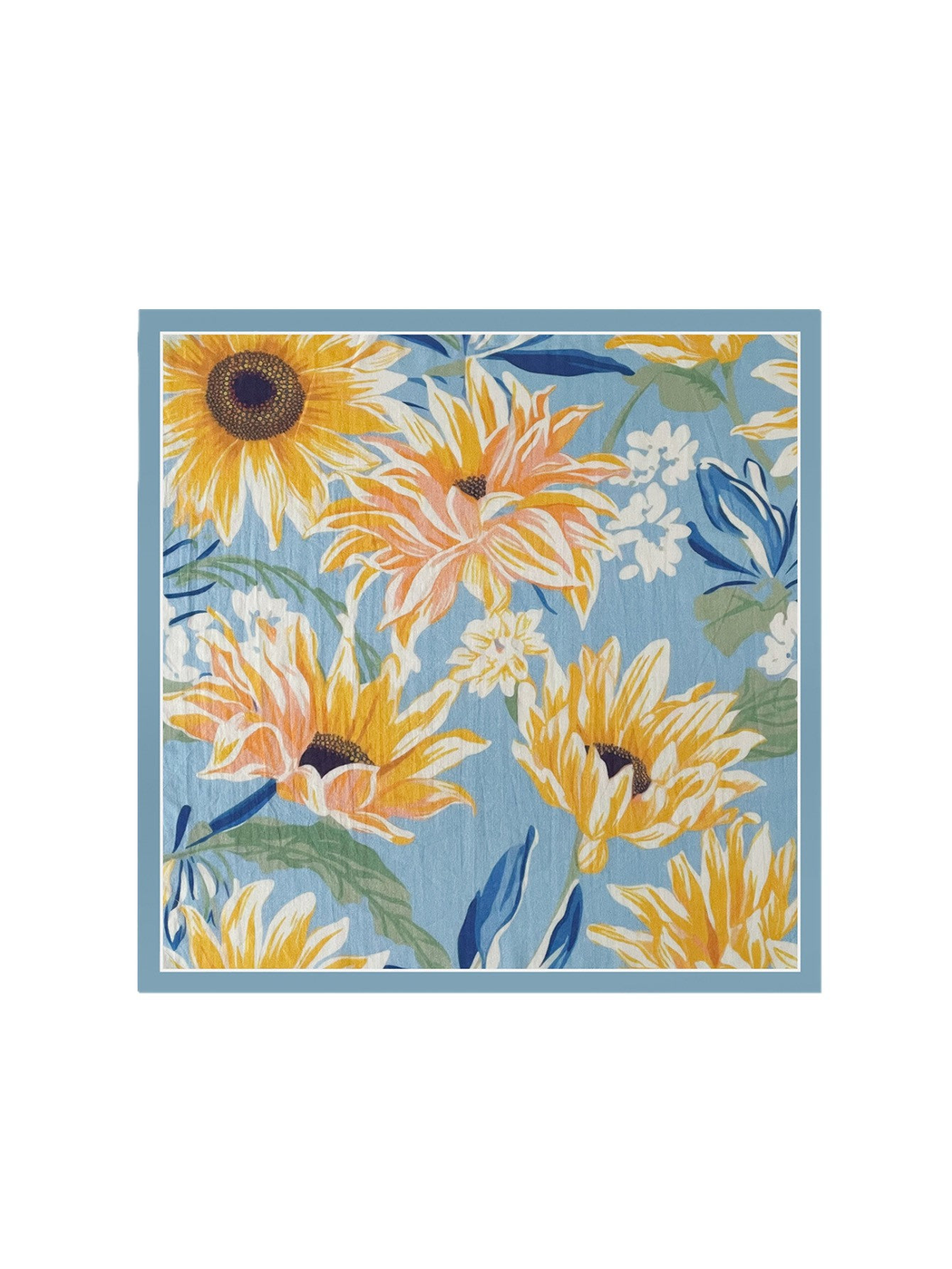 Light blue square scarf with yellow and peach floral print, flat view