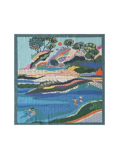 Multicolor square scarf with layered landscape print and dark teal border