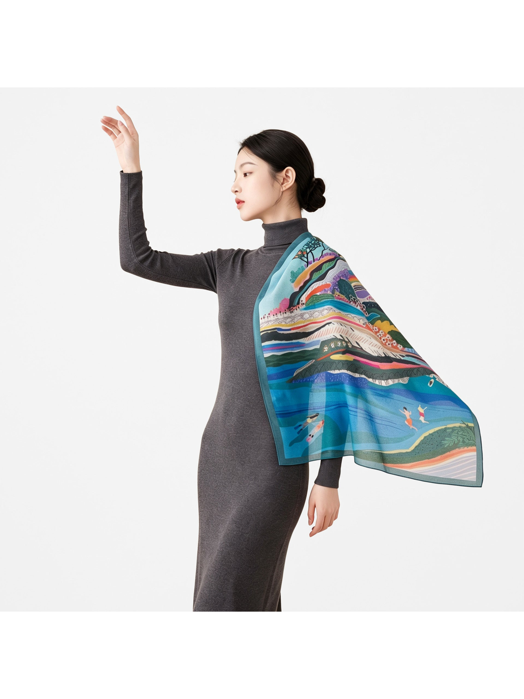Multicolor landscape-print square scarf draped over one shoulder