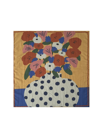 Multicolor square scarf with an abstract floral bouquet and polka-dot vase design