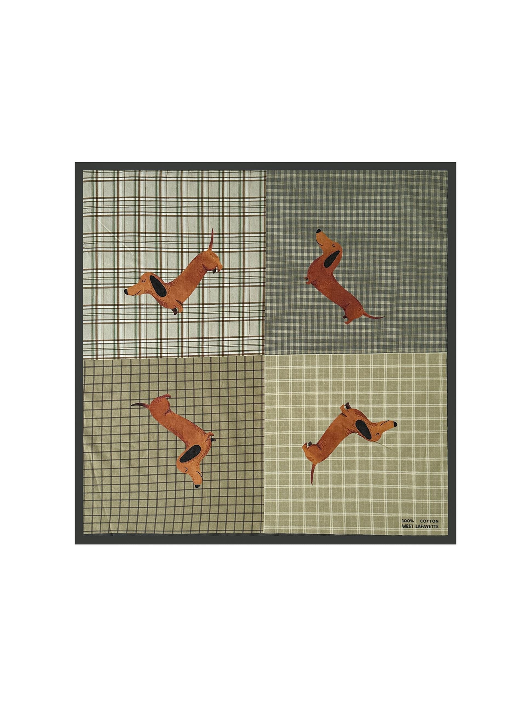 Green and taupe patchwork plaid square scarf with dachshund illustrations