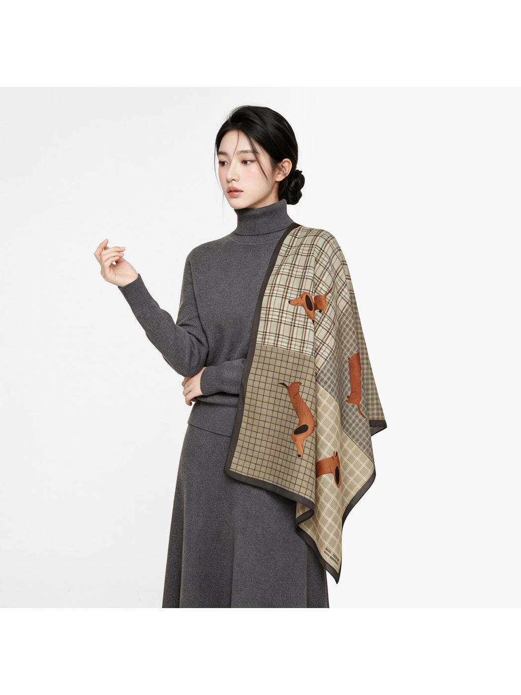 Patchwork plaid dachshund scarf styled over the shoulder