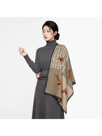 Patchwork plaid dachshund scarf styled over the shoulder