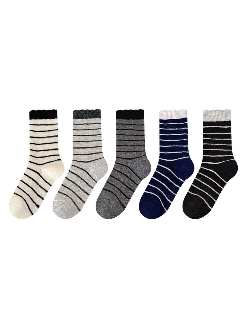 Five striped crew socks in ivory, light gray, dark gray, navy, and black