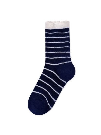 Navy striped crew sock on a white background