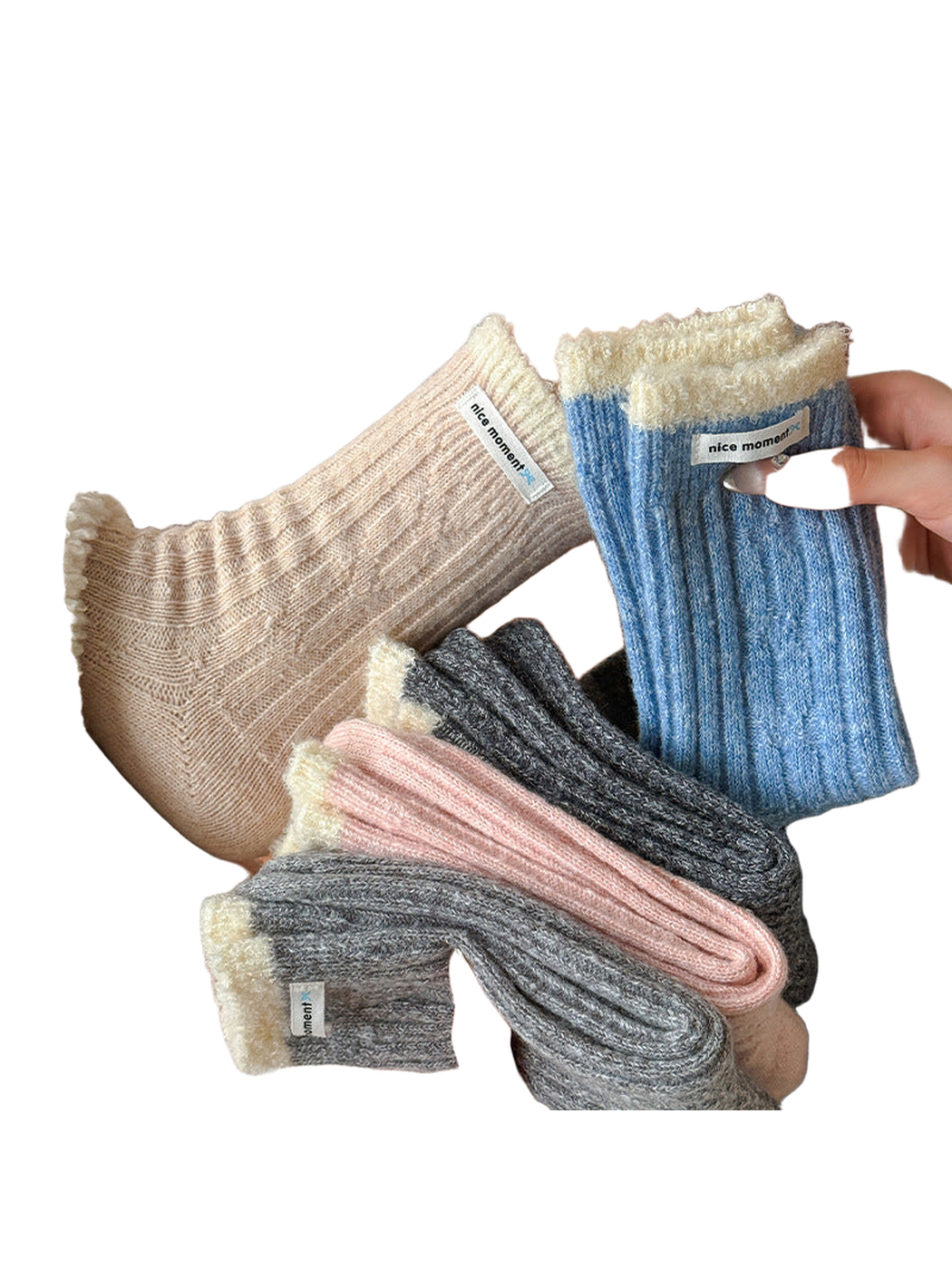 Multiple color options of ribbed crew socks displayed together