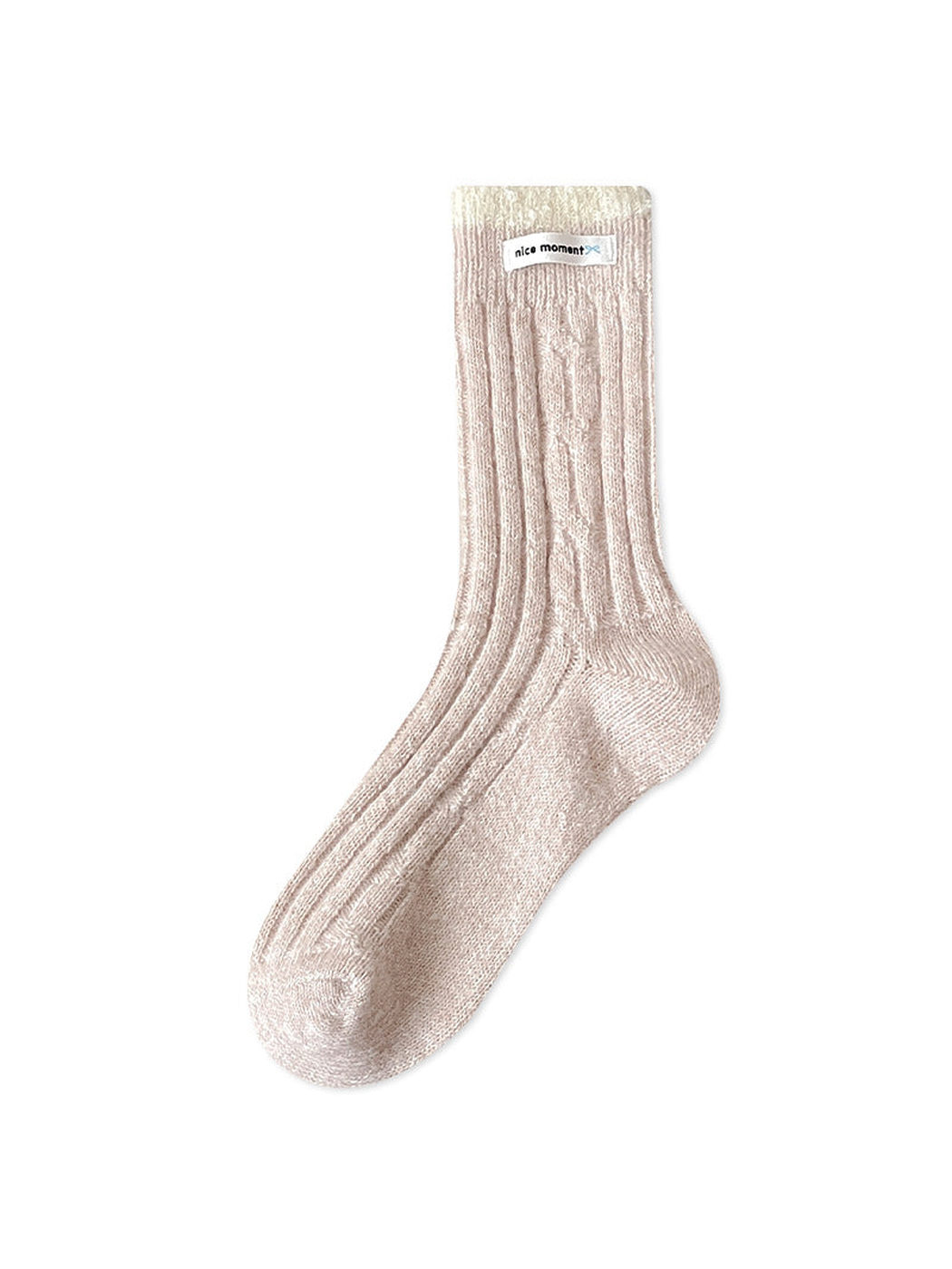 Beige ribbed crew sock with an ivory textured cuff, full view