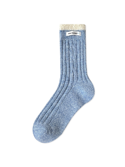 Light Blue ribbed crew sock with an ivory textured cuff, full view