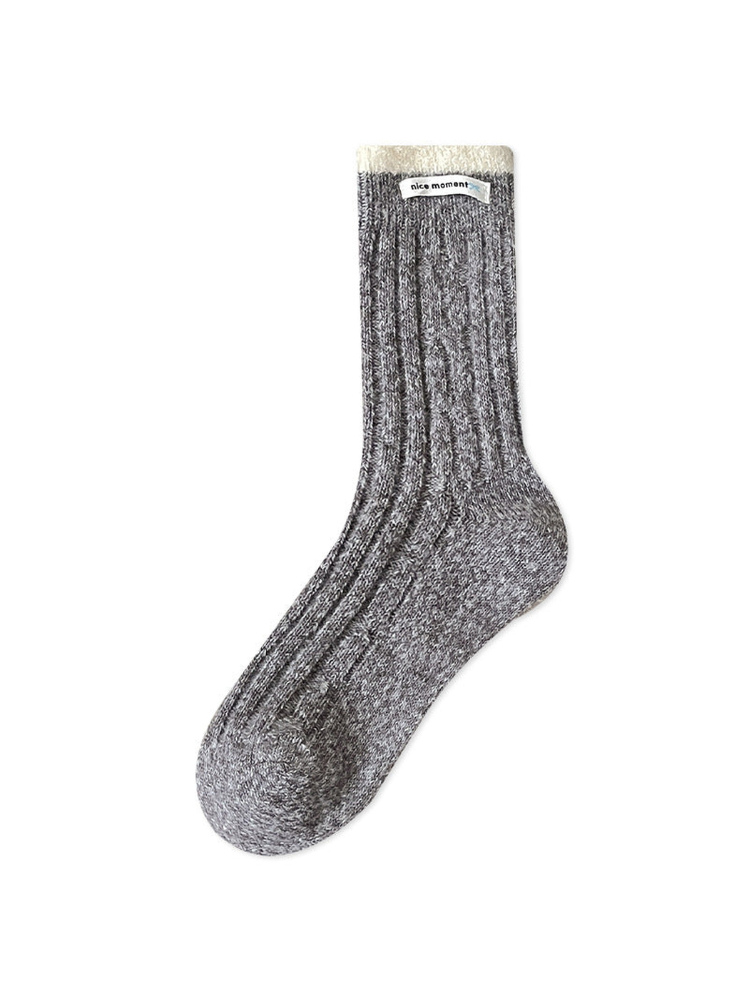 Heather Gray ribbed crew sock with an ivory textured cuff, full view