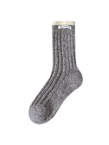 Heather Gray ribbed crew sock with an ivory textured cuff, full view