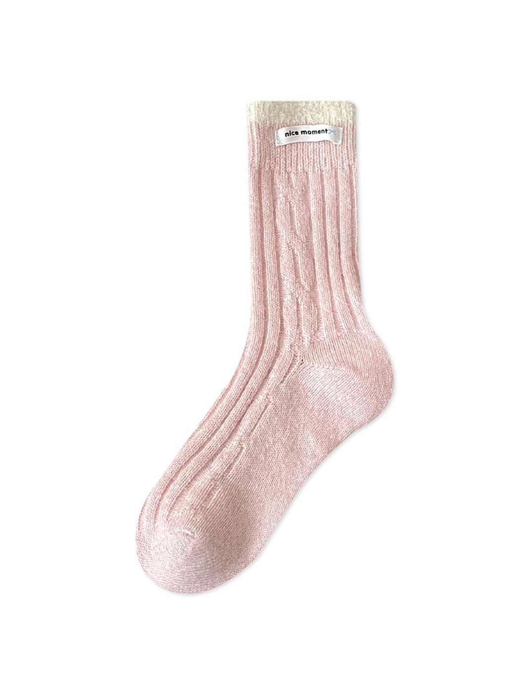 Light Pink ribbed crew sock with an ivory textured cuff, full view
