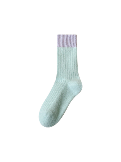 Light Blue fuzzy ribbed crew sock with a light purple cuff
