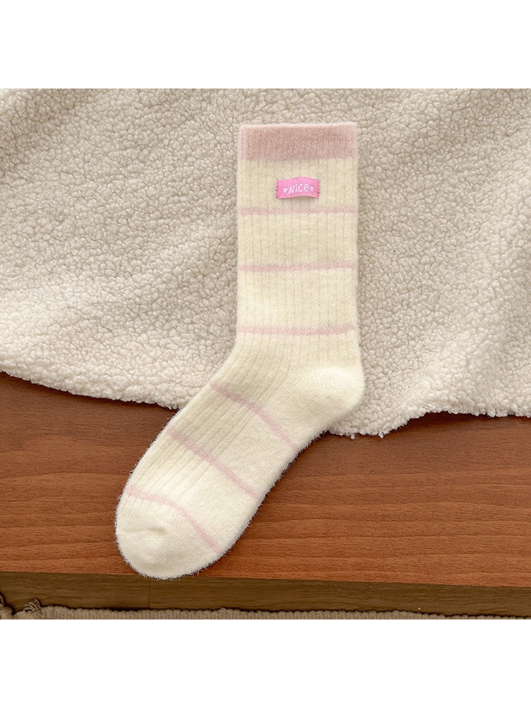 Pink striped fuzzy crew sock, full product view