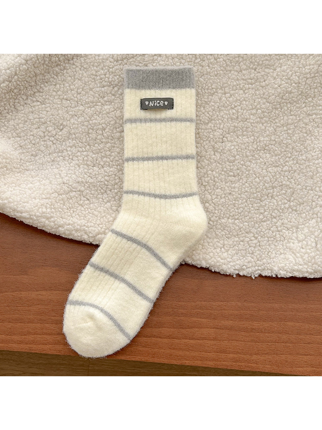 Gray striped fuzzy crew sock, full product view