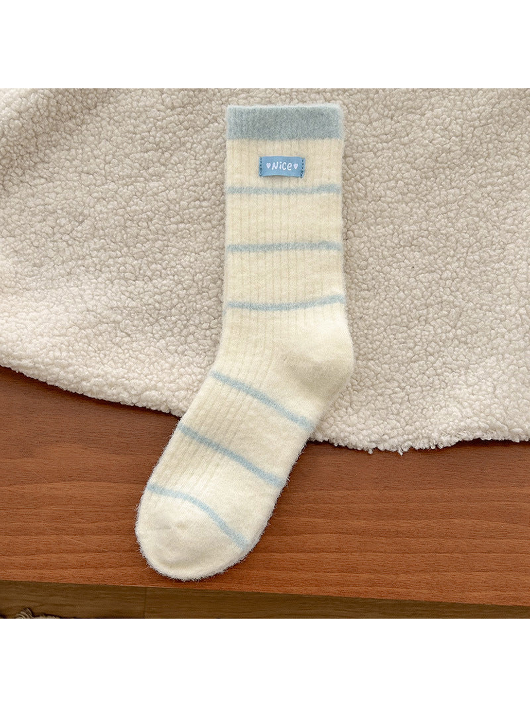 Light Blue striped fuzzy crew sock, full product view