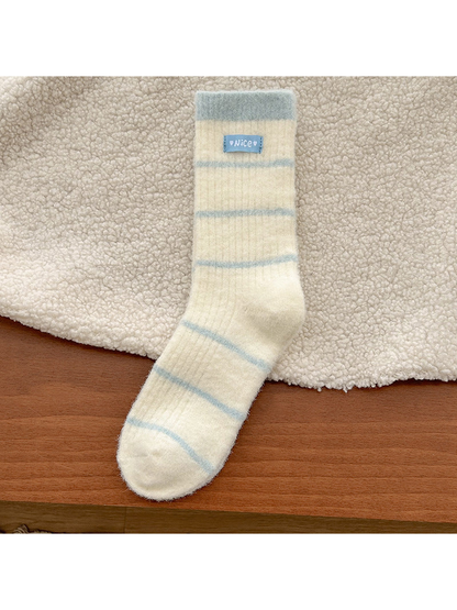 Light Blue striped fuzzy crew sock, full product view