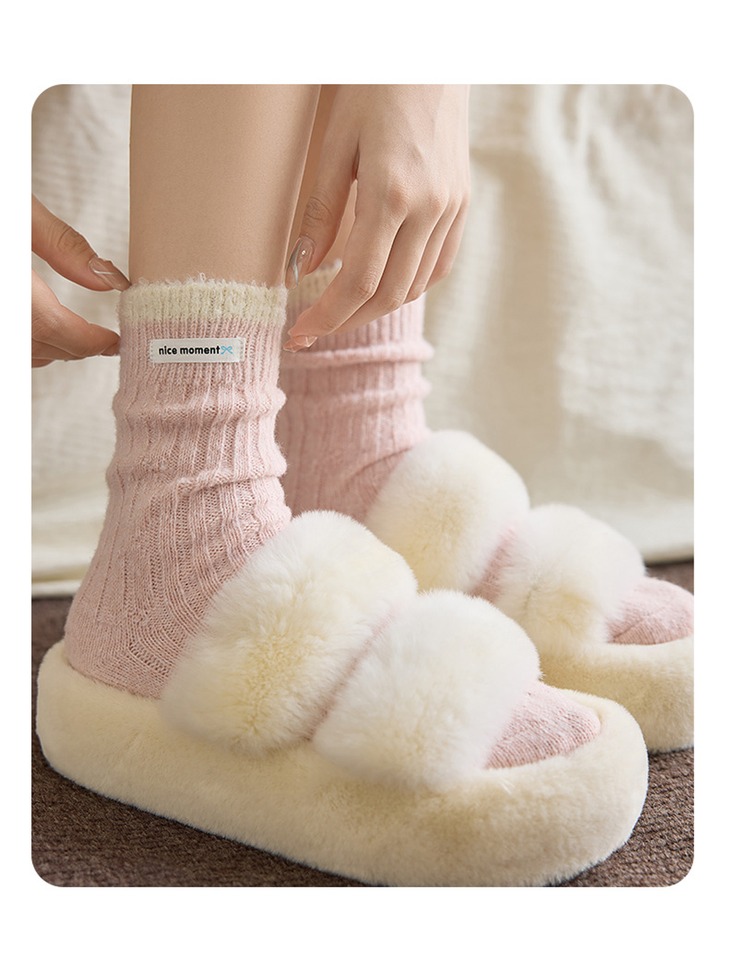 Light Pink ribbed socks styled with fuzzy open-toe slippers