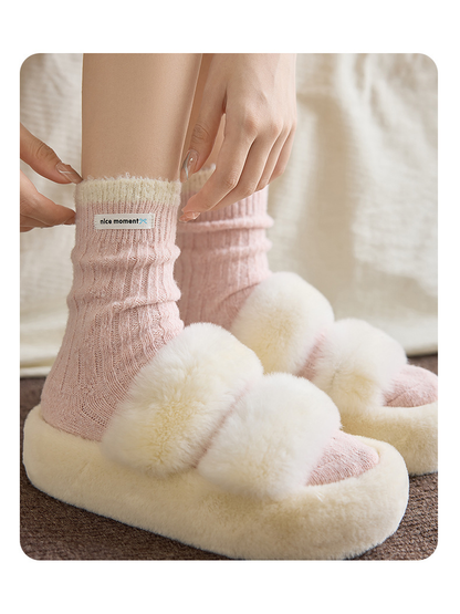 Light Pink ribbed socks styled with fuzzy open-toe slippers
