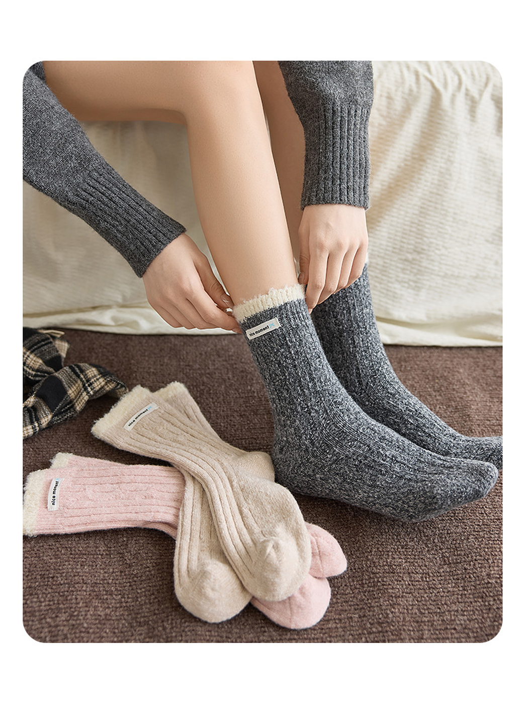 Dark Gray ribbed socks worn beside Beige and Light Pink pairs