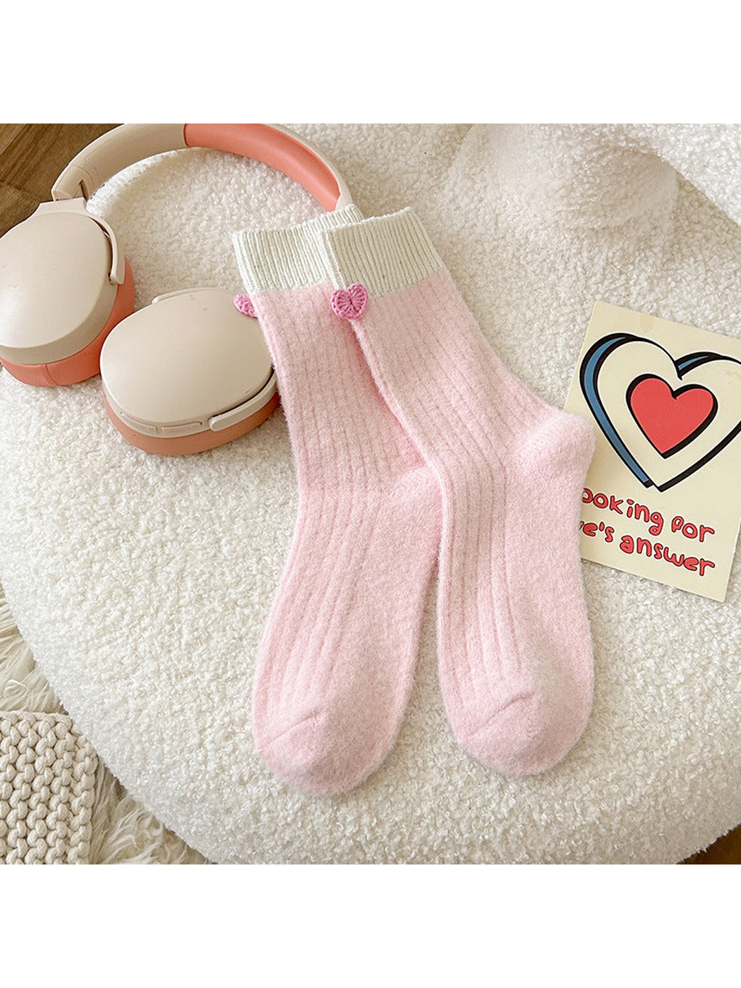 Light Pink crew socks with ivory ribbed cuffs and heart accents