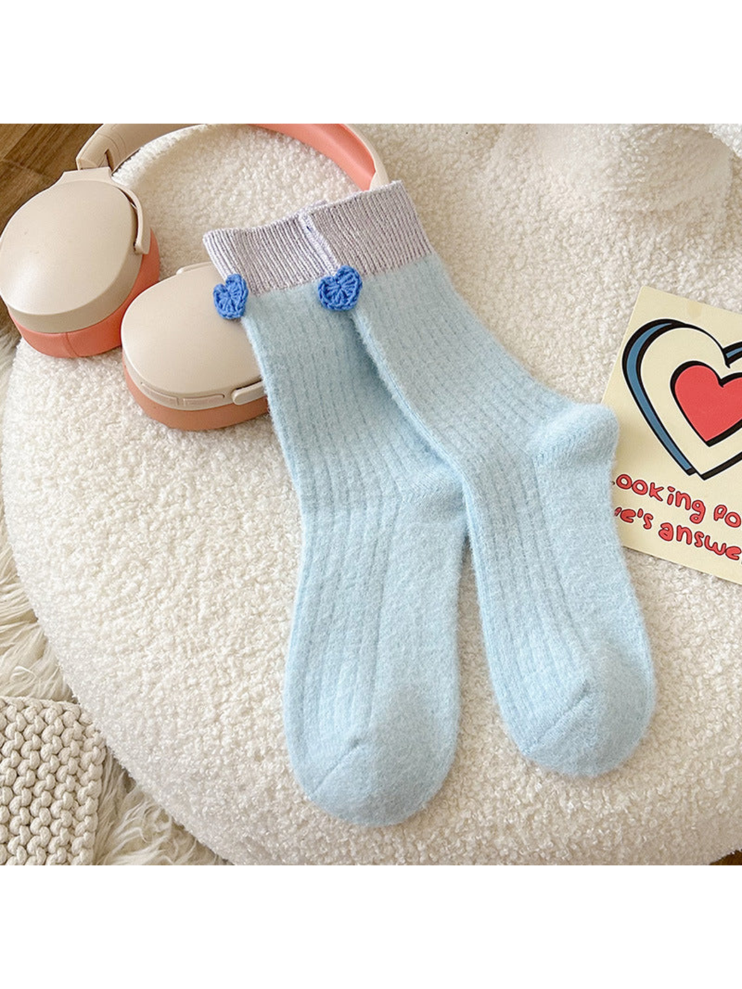 Light Blue crew socks with light purple ribbed cuffs and blue heart accents