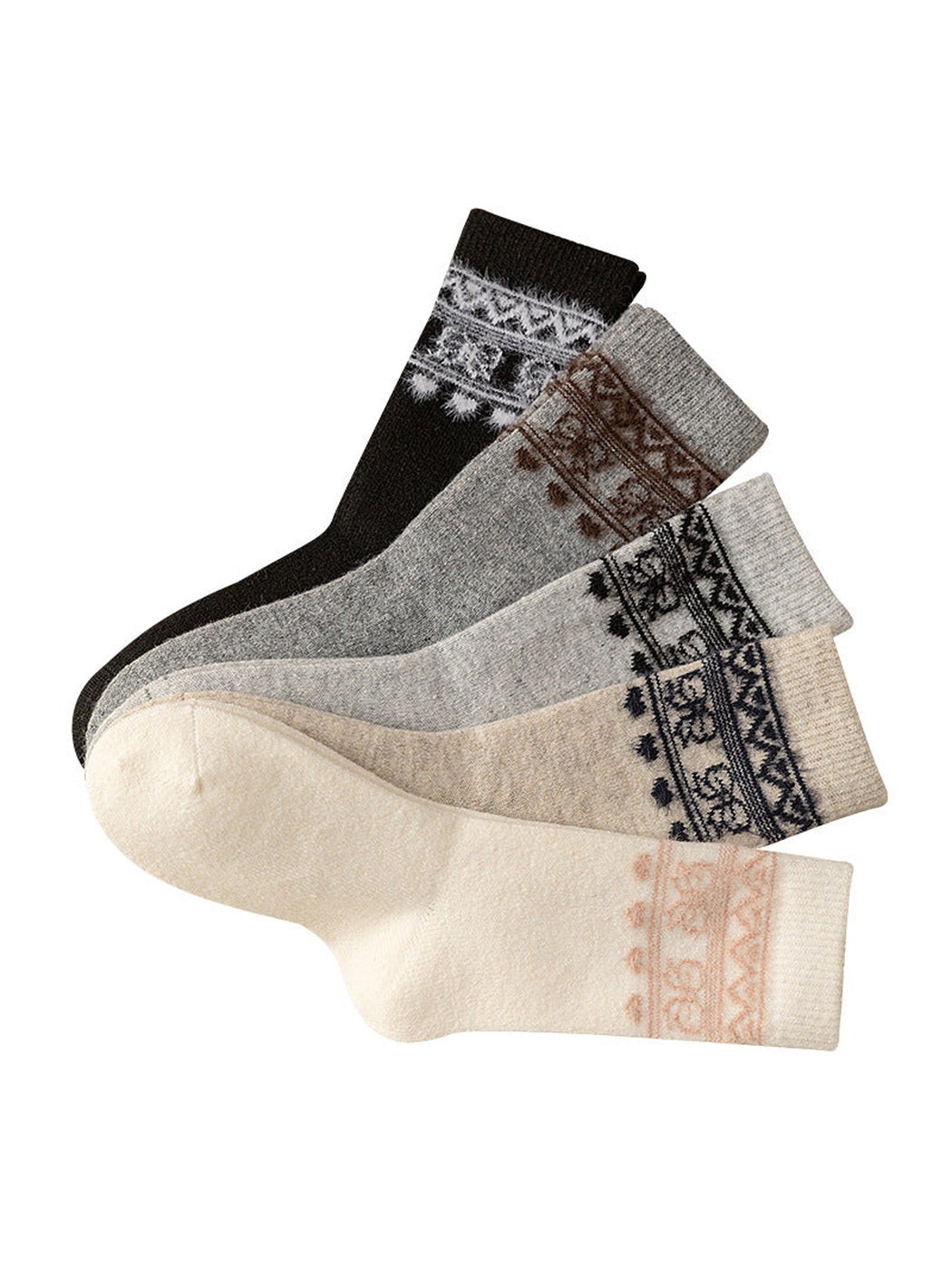Black, Heather Gray, Khaki, Ivory and Light Gray geometric-border crew socks