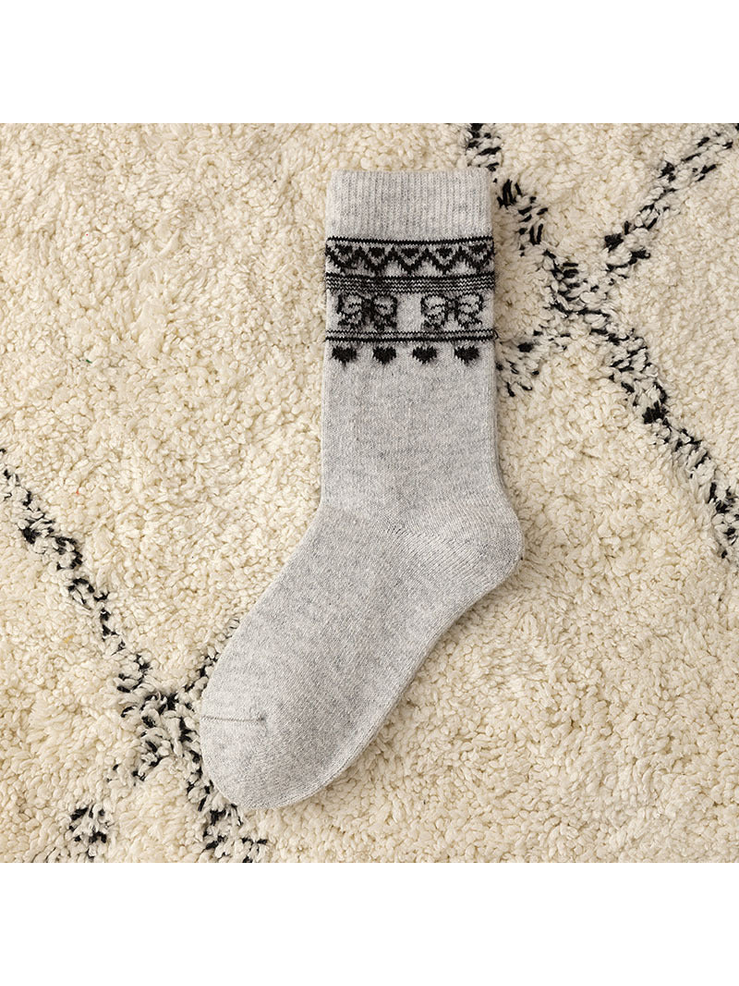 Light Gray crew sock with a black geometric cuff motif, flat view