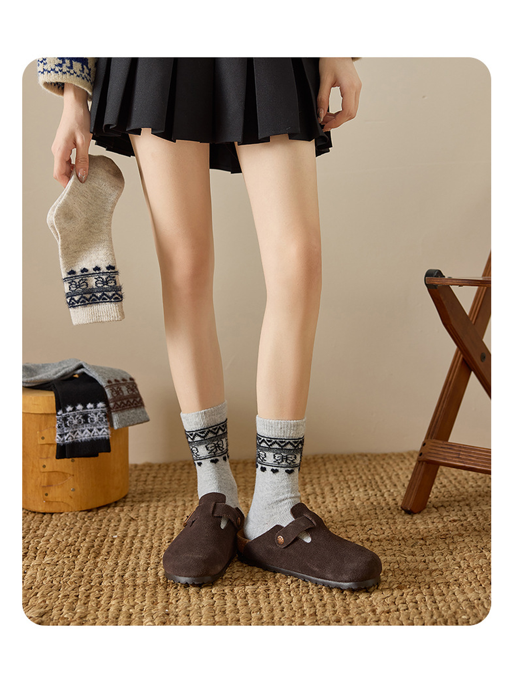 Light Gray geometric-border socks worn with brown clogs in a full-length view