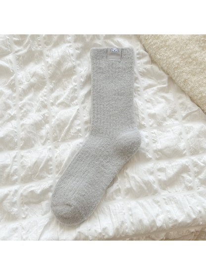 Light Gray ribbed crew sock with a small dog label