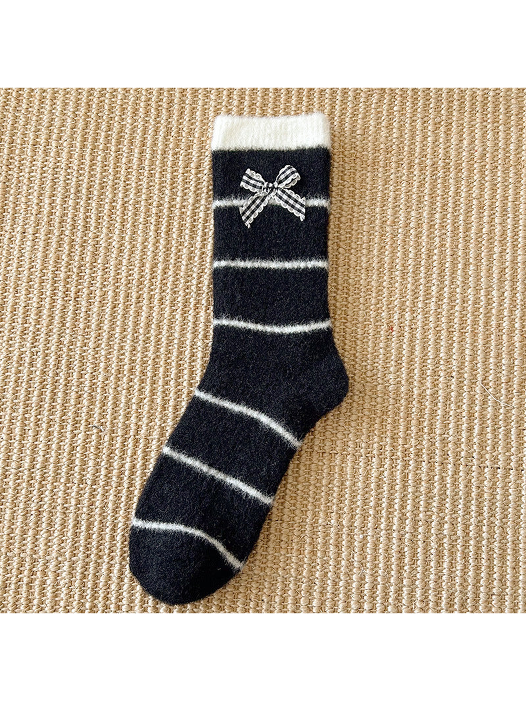 Black striped crew sock with gingham bow and contrasting white cuff