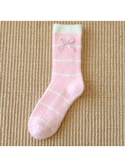 Pink striped crew sock with gingham bow and contrasting white cuff