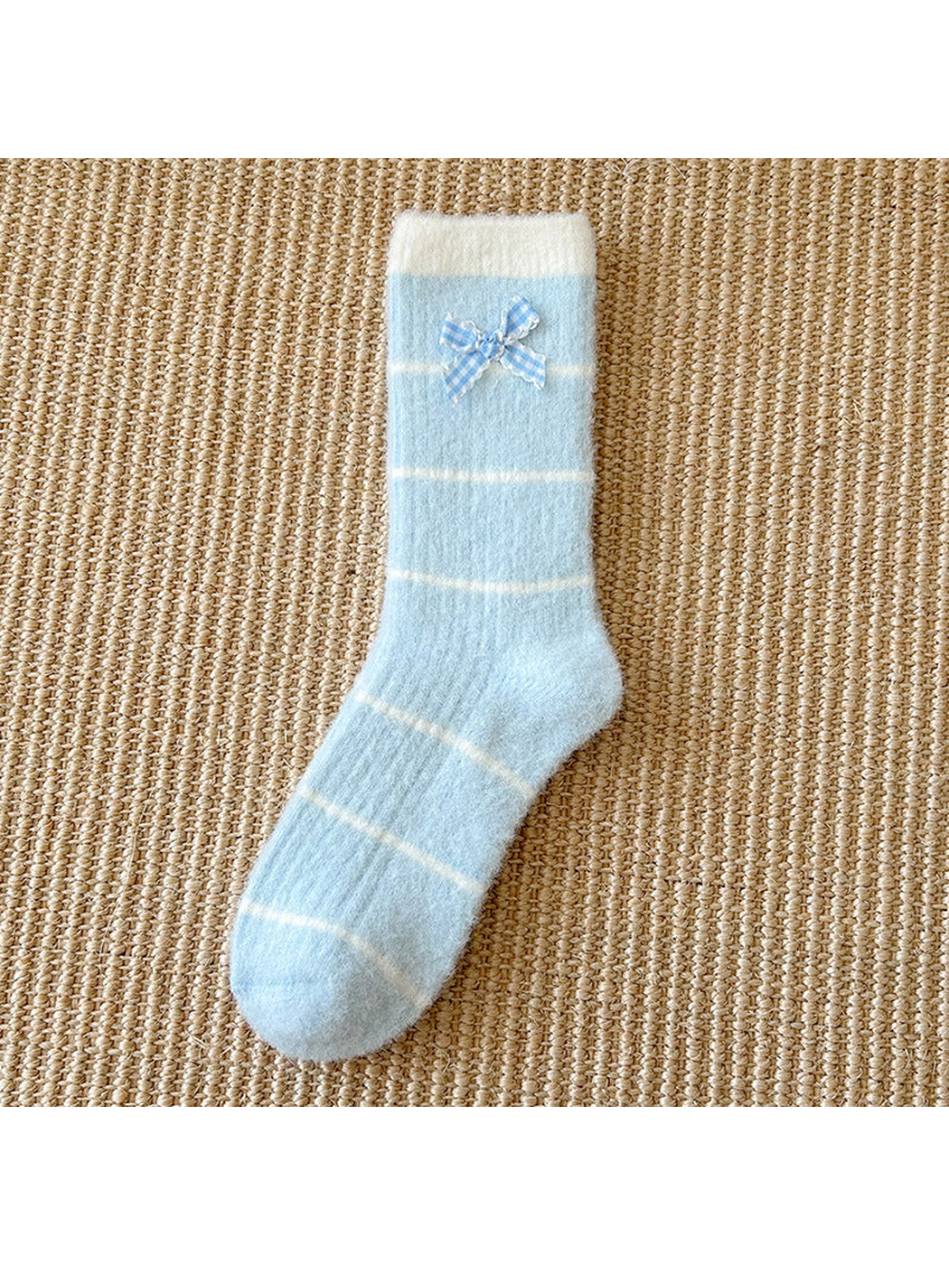 Light Blue striped crew sock with gingham bow and contrasting white cuff