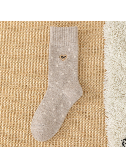 Light Coffee dot-pattern crew sock with ribbed cuff and bow patch