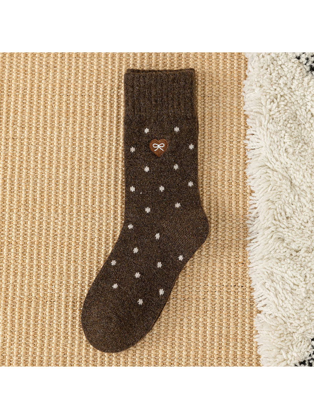 Dark Brown dot-pattern crew sock with ribbed cuff and bow patch