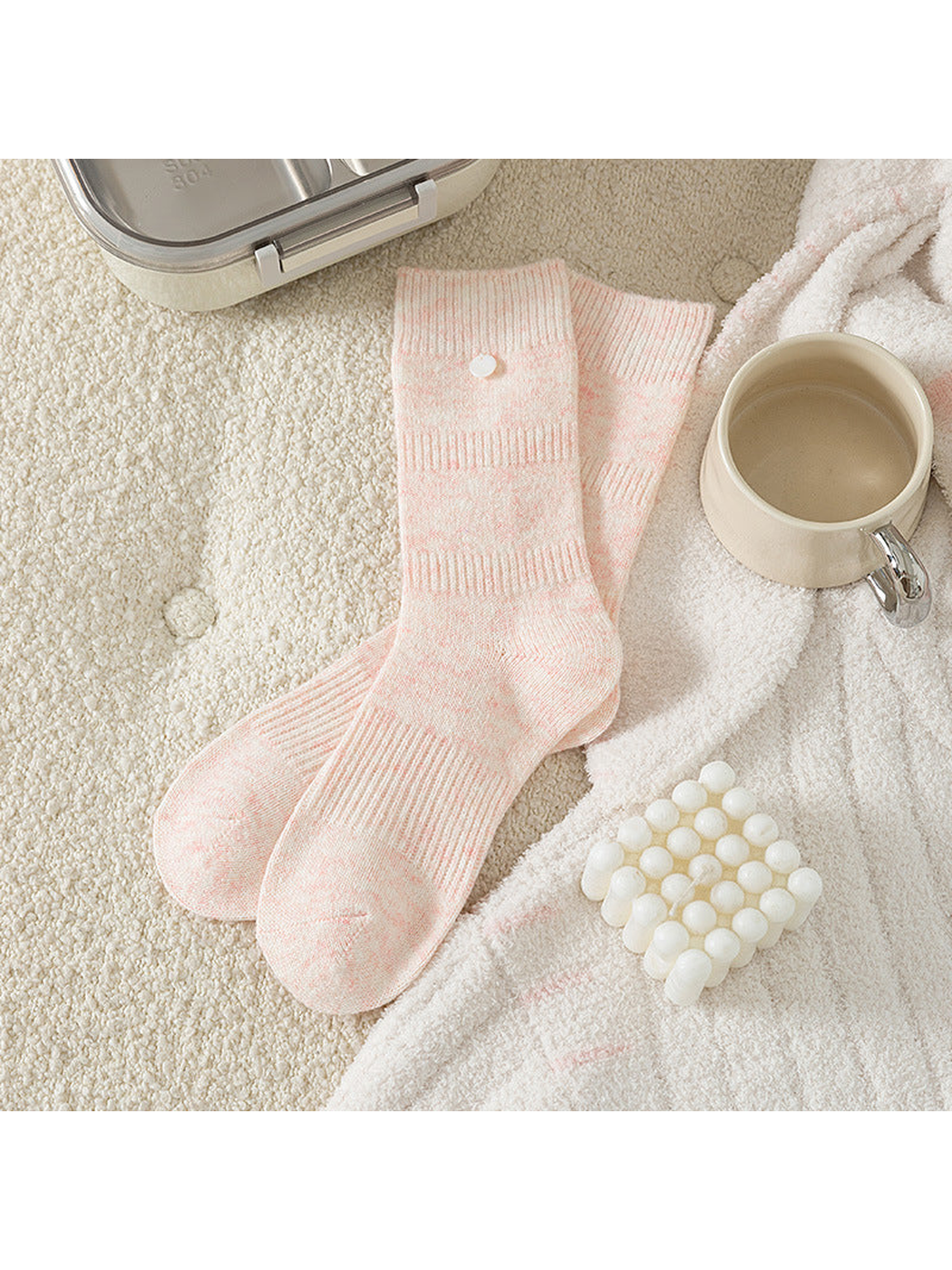 Light Pink crew socks with ribbed bands and round cuff accent