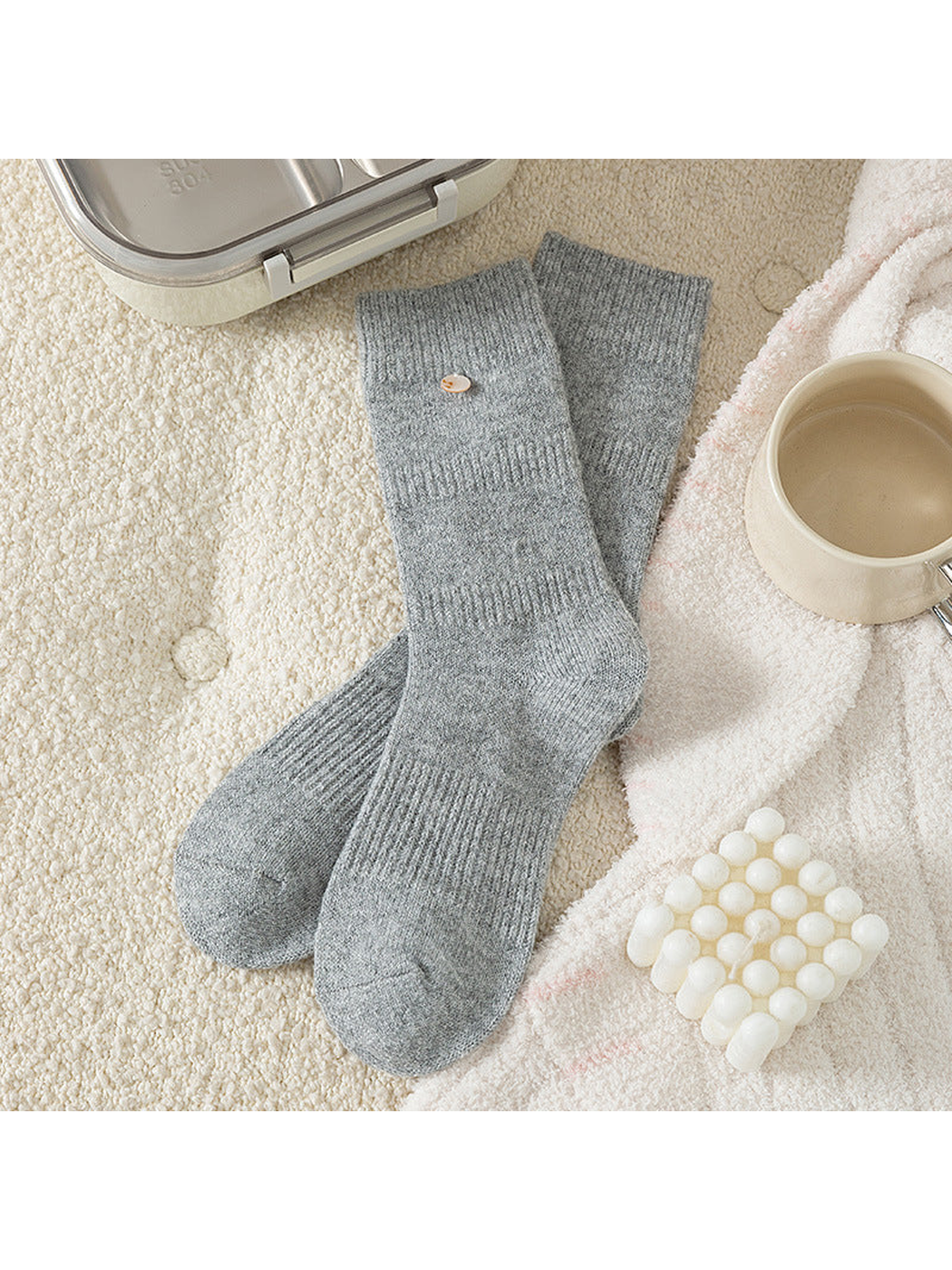 Heather Gray crew socks with ribbed bands and round cuff accent