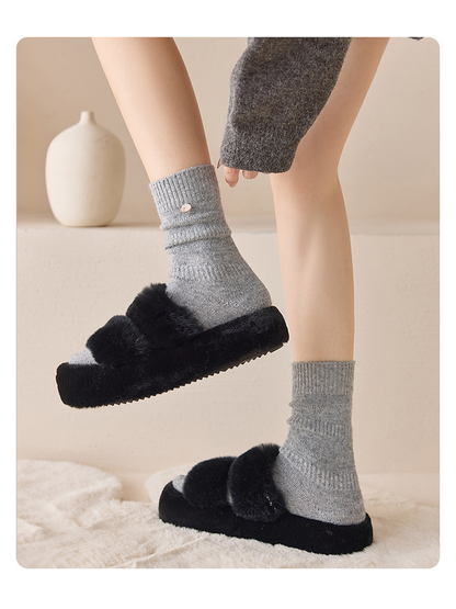 Heather Gray crew socks worn with black slippers
