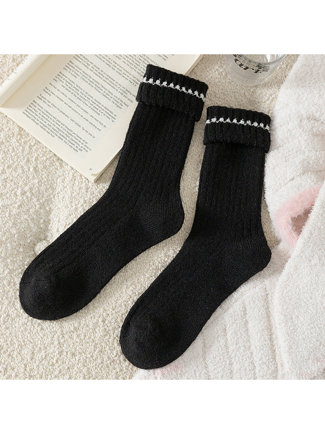 Black White ribbed crew socks with folded cuffs