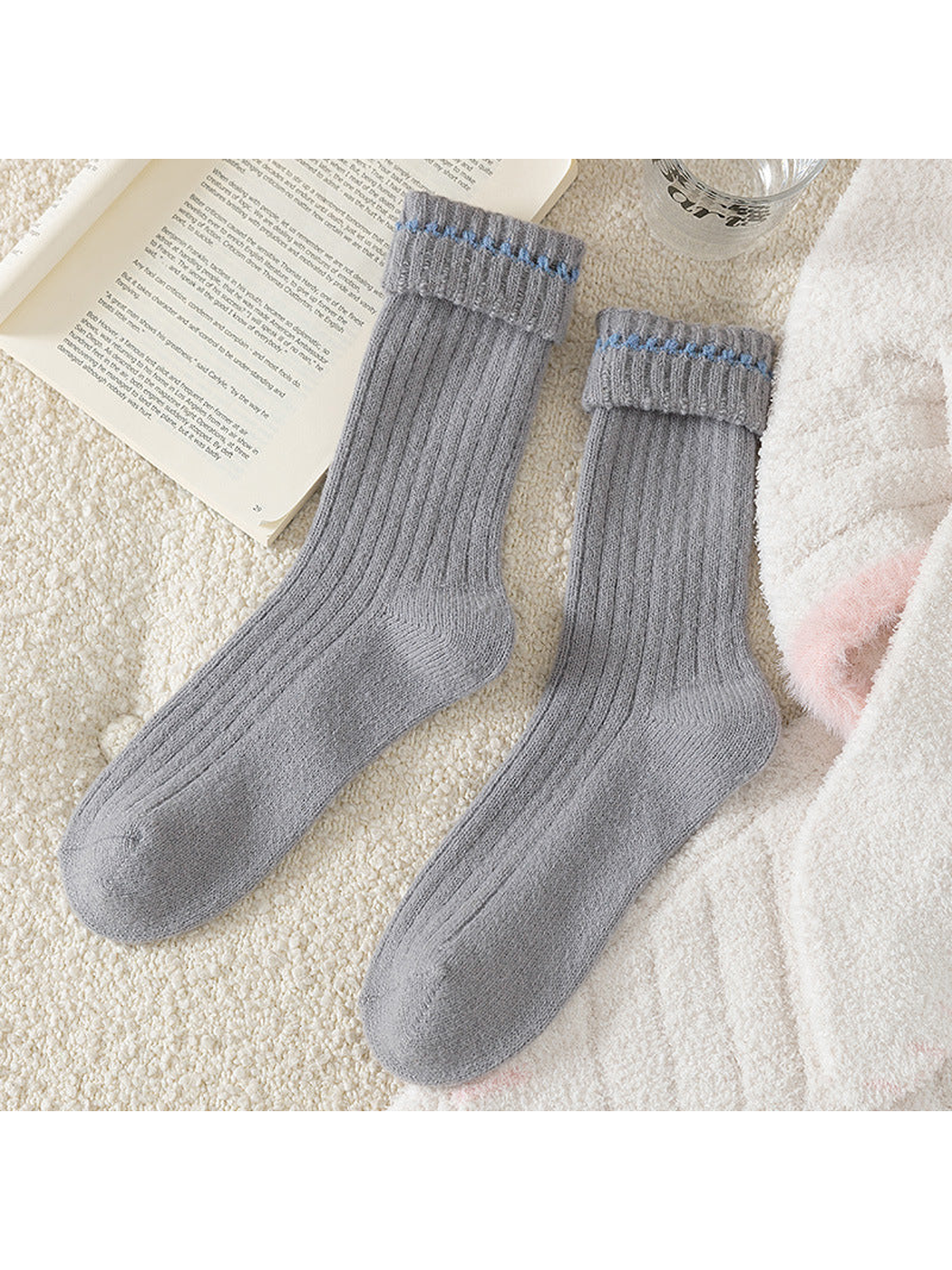 Gray Blue ribbed crew socks with folded cuffs