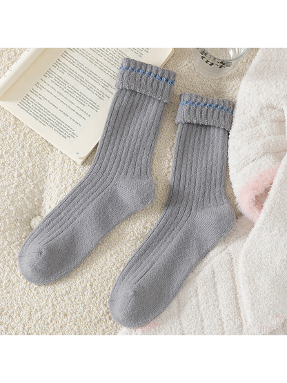Gray Blue ribbed crew socks with folded cuffs