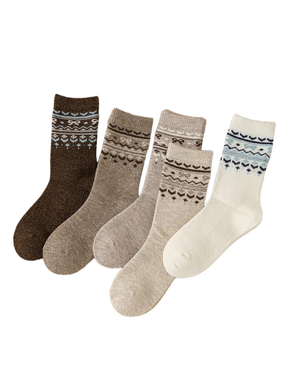 Five neutral crew sock styles with contrasting geometric cuff patterns