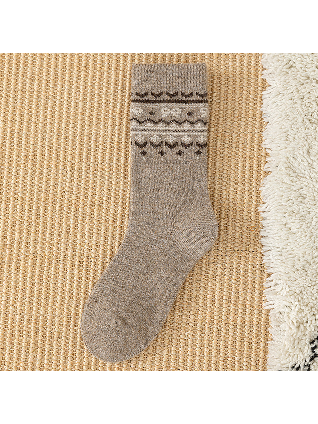 Light Coffee crew sock with brown geometric cuff bands