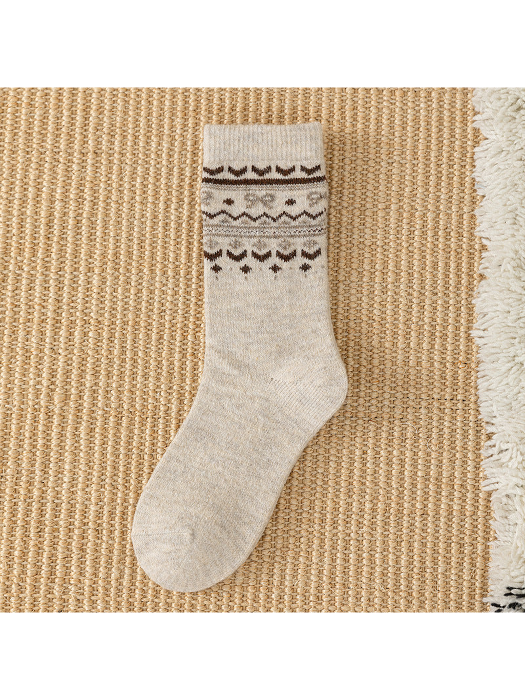 Beige crew sock with brown geometric cuff bands