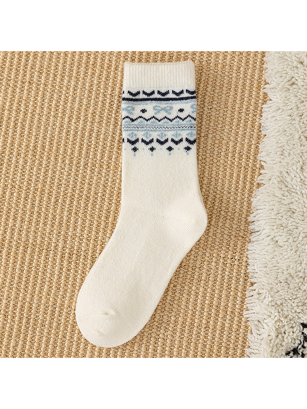 Ivory crew sock with navy and light blue geometric cuff bands