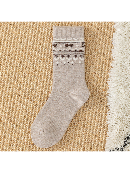Greige crew sock with brown bow and chevron cuff bands